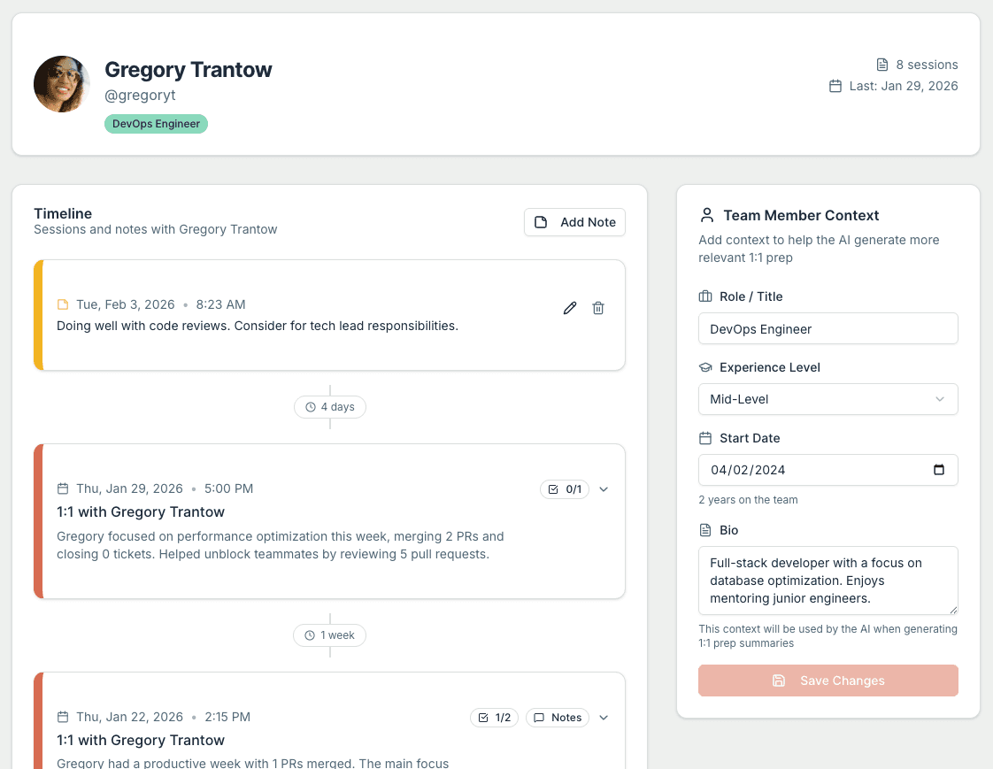 Cocommit session history showing past 1:1s and talking points