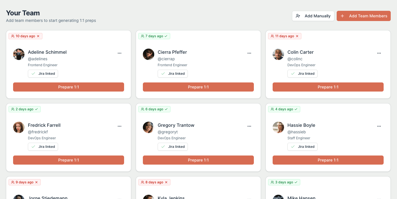 Cocommit team dashboard showing team members and 1:1 status